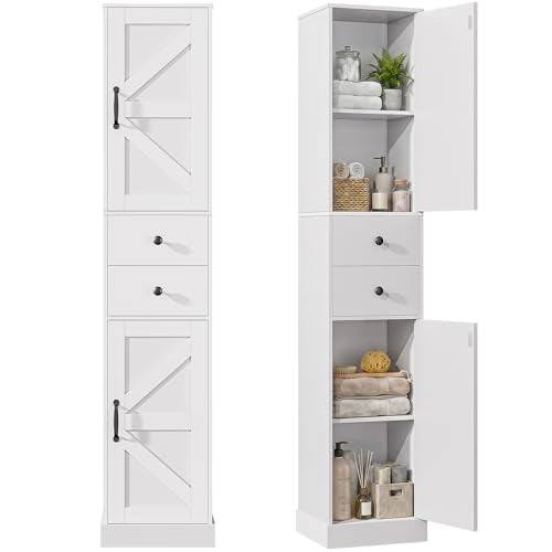 Tall Bathroom Storage Cabinet with 2 Doors and 2 Drawers, Narrow Storage Cabinet with Sturdy Base & Adjustable Shelves for Small Space, Floor Cabinet for Bathroom, Kitchen, White (11.8" W) - color: White, size: 11.8" W