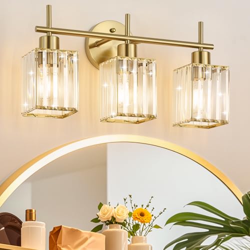 Brushed Gold Bathroom Light Fixtures, Square, 3-Light | Vanity Lights with Crystal Shades, Modern Bathroom Lighting Fixtures over Mirror (Bulbs Not Included, E26) - color: Brushed Gold (Square), size: 3-Light