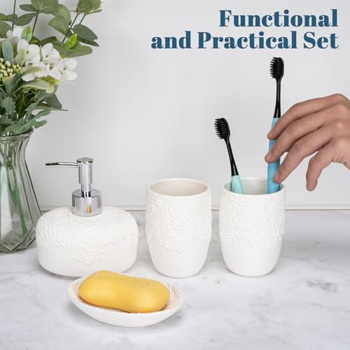 Ceramic White Bathroom Accessory Sets Embossed Design Look, Includes Bathroom Soap Dispenser with Rust-Proof Plastic Pump 13.5oz & 2Pcs Ceramic Cup,1Pcs Soap Dish - color: White-sliver