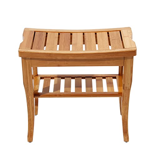 SogesHome Bamboo Shower Bench with Shelf Shower Stool Bathroom Stool with Storage Bamboo Seat with Foot, Water Proof, Natrual - color: Natrual