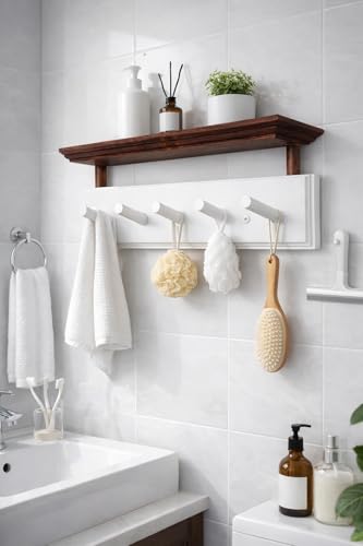 ) Matías Coat Rack Wall Mount with Shelf, 18 Inch Solid Wood Peg Rail, Wall Mounted Coat Rack with 5 Hooks, Wall Mount Shelf for Entryway, Bathroom or Bedroom (White and Natural Wood) - color: white and natural wood