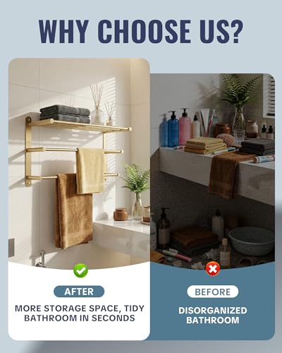 24 Inch Towel Racks for Bathroom: Brushed Gold Towel Rack with Double Towel Bar Wall Mounted - SUS304 Stainless Steel Bath Towel Holder with Shelf for Hotel Lavatory - color: Brushed Gold