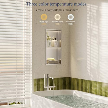 Brushed 2-Tier 3 CCT LED Niche, 12"x24" No-Tile Shower Storage | shower niche with 3-Temperature LED Strip Light (4000K/6000K/3000K),Waterproof, Sturdy&Durable,304 Stainless Steel Wall Niche - color: Brushed, size: 12X24In