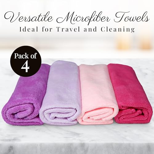 EcoSol Designs - Microfiber Towels, Cleaning & Drying Must-Have, Soft, Thick Dry/Wipe for Personal/Home/Office/Car Use, 4 12x12 Towels with Hanging Loops in Dark and Light Pink, Purple & Lavender - color: Pink Dark, Pink Light, Purple, Lavender