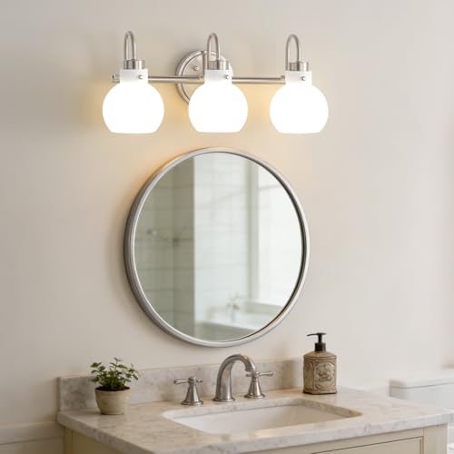 Bathroom Wall Light Fixture Brushed Nickel 3 Light Vanity Light | Wall Sconce with Milk Globe Glass Shade Bath Wall Lamp over Mirror Farmhouse Wall Mount Light for Living Room Bedroom Hallway - color: Brushed Nickel M