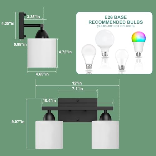 Black Bathroom Lights Over Mirror, Anti-rust Vanity Light Fixture for Bathroom, Modern 2-Light Wall Sconce Light for Living Room, Standard E26 Base, Milky White Glass Shades, Bulbs Not Included - color: Black-2Light