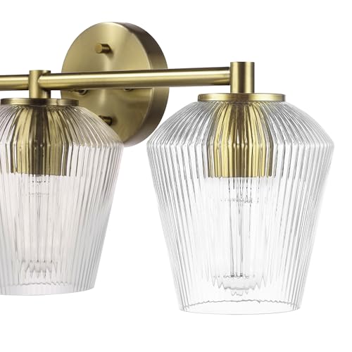 GLOBE Electric 63000063 5-Piece All-in-One Bathroom Set, Matte Brass Finish, 3-Light Vanity Light, Glass Shades, Towel Bar, Toilet Paper Holder, Towel Ring, Robe Hook, Bathroom Lights Over Mirror - color: Brass