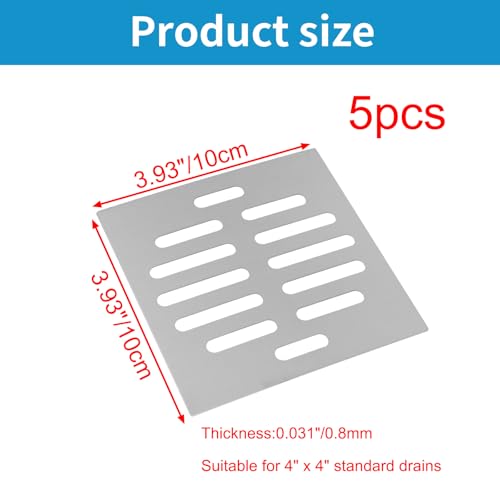 Drain Cover Grates Fit 4" x4" Drain, Stainless Steel Drainage Grate Cover Square Replacement Floor Drain Strainer for Shower, Bathroom Floor, Balcony, and Outdoor Garden Drains -5pcs - size: 3.93" x 3.93"