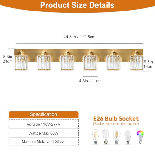Gold Crystal Bathroom Vanity Light, 6-Light Modern Bathroom Lighting Fixtures Over Mirror,Chrome Wall Sconce Light Fixtures with Square Shade - color: Gold-Square Shade, size: 6-LIGHT