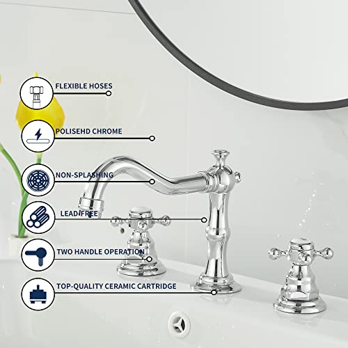 2 Handles 3 Holes Faucet Widespread Bathroom Sink Faucet Chrome Basin Mixer Tap Matching Pop Up Drain with Overflow - color: Chrome, style: Ceramic Cover