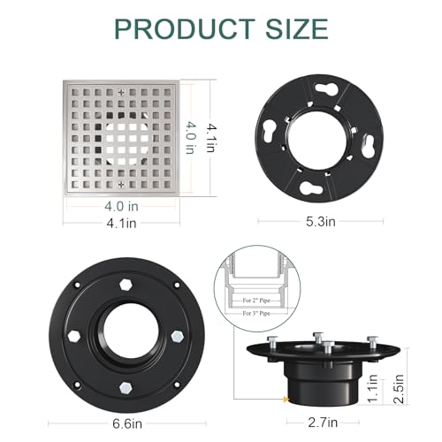 4 Inch Square Shower Floor Drain with Flange and Hair Strainer | SUS304 Stainless Steel, Anti-Clog, Brushed Nickel Shower Drain with Hair Catcher, Removable Grid Drain Cover, For Bathroom - color: Brushed Nickel