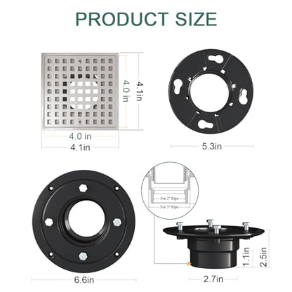 4 Inch Square Shower Floor Drain with Flange and Hair Strainer | SUS304 Stainless Steel, Anti-Clog, Brushed Nickel Shower Drain with Hair Catcher, Removable Grid Drain Cover, For Bathroom - color: Brushed Nickel