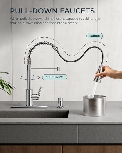 FORIOUS Kitchen Sink Faucet, Pull Down Sprayer, Classic High Arc, Chrome | Lead-Free Stainless Steel, Single Handle Commercial Spring Kitchen Faucets for Laundry Utility Room, Outdoor Farmhouse Camper - color: Chrome