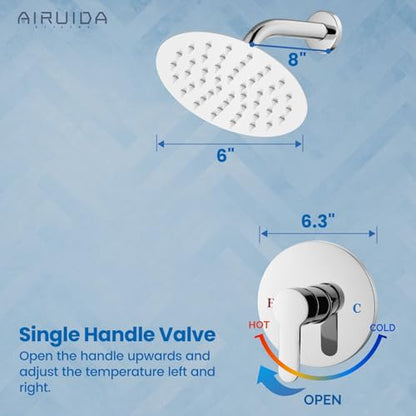 Airuida Shower Faucet Set,6 Inch Chrome Polish Shower Trim Kit | Round Rainfall Shower Head,Single Handle,Male Threads Rough-in Valve,Wall Mount Bathroom System - color: Chrome, size: 6 Inch