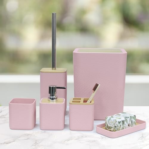 CERBIOR Bamboo Bathroom Accessory Set with Shower Curtain,Pink,20PCS | Spiral Set Includes Shower Curtain,Soap Dispenser, Toothbrush Holder, Toothbrush Cup, Soap Dish for Decorative and House Gift - size: Bath Set+Shower Curtain, style: Pink