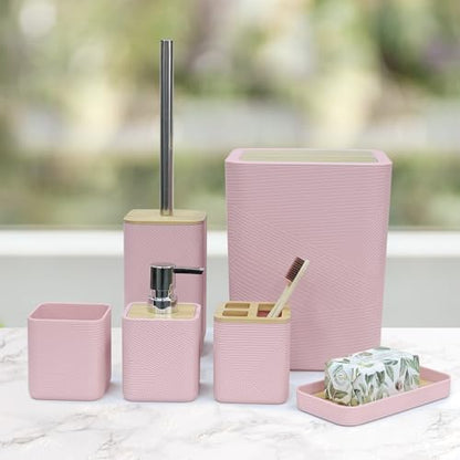 CERBIOR Bamboo Bathroom Accessory Set with Shower Curtain,Pink,20PCS | Spiral Set Includes Shower Curtain,Soap Dispenser, Toothbrush Holder, Toothbrush Cup, Soap Dish for Decorative and House Gift - size: Bath Set+Shower Curtain, style: Pink