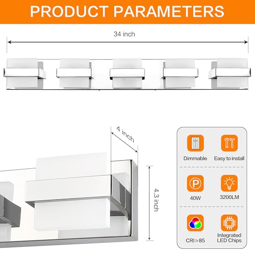 SOLFART Chrome 5 Light Bathroom Vanity Lights Over Mirror, Modern Chrome Bathroom Light Fixtures LED Lights Dimmable - color: Upgraded Chrome-6000K,100%-0% Dimmble Brightness, size: 5- Light,34Inch