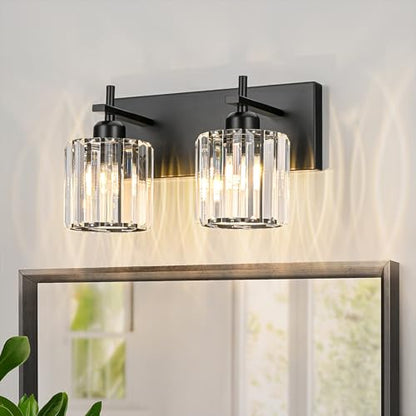 Black Crystal Bathroom Vanity Lights, Modern 2-Lights Bathroom Lighting Fixtures Over Mirror, Crystal Wall Lighting with Round Shade - color: Black-Round Shade, size: 2-Light