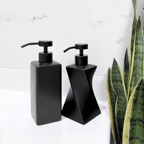 Modern Black Soap Dispenser with Black Stainless Steel Pump, 8.5oz | Modern Mid Century Decor, Matte Black Pump, Unique Twisted Liquid Soap Dispenser for Bathroom & Kitchen
