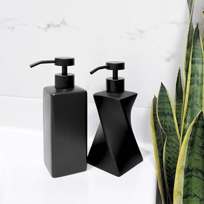 Modern Black Soap Dispenser with Black Stainless Steel Pump, 8.5oz | Modern Mid Century Decor, Matte Black Pump, Unique Twisted Liquid Soap Dispenser for Bathroom & Kitchen