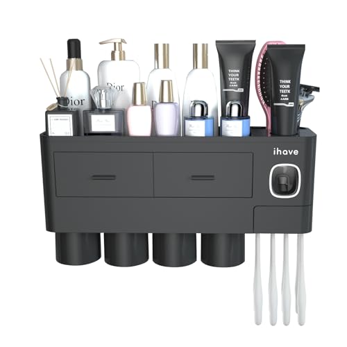 iHave Toothbrush Holders Wall Mounted with Toothpaste Dispenser & 4 Cups | All-in-One Bathroom Organizer: 4 Cups, 7 Slots, Toothpaste Dispenser, Large Tray & Drawer. Wall Mount, No Drilling Required - color: Black, size: 4 cup