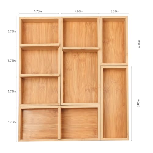 Bamboo Drawer Organizers Set with Removable Dividers, 5PCS Adjustable Multi-Use Wood Storage Organizers(5-9 Grids), Desk Drawer Tray for Bathroom, Office, Dresser, Storage Box for Jewelry, Makeup - size: 5-9 Grids