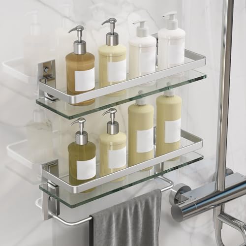Bathroom Shelves Wall Mounted, Clear Tempered Glass Shelf with Towel Bar, Hand Towel Holder(Matte Silver) - color: Silver, size: Combo Set