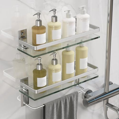 Bathroom Shelves Wall Mounted, Clear Tempered Glass Shelf with Towel Bar, Hand Towel Holder(Matte Silver) - color: Silver, size: Combo Set