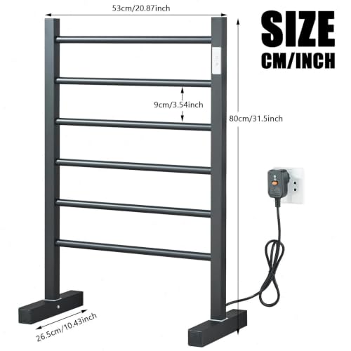Freestanding Heated Towel Rack Matte Black | 6 Bars Electric Towel Warmer with Digital Timer Control Wall Mount & Floor Standing 2 in 1 Towel Drying Rack for Bathroom - size: 53*80