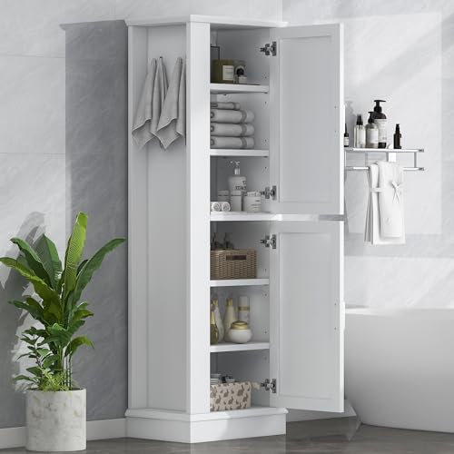 Tall Storage Cabinet, Bathroom Floor Freestanding Storage Cabinet with Hook and Adjustable Shelf for Bathroom, Office, Living Room, White - color: White