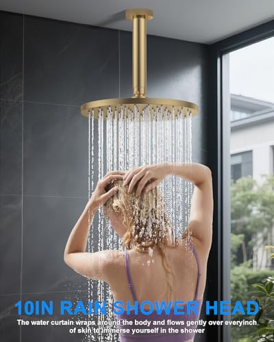 Shower System with Pressure Balance Valve, 10" Ceiling Mount Shower Faucet Set with 2 Rain Shower Head And Multi-function Handheld Head Push Button Diverter Pressure Balancing Valve Kit, Brushed Gold - color: Brushed Gold, style: 10"-Round
