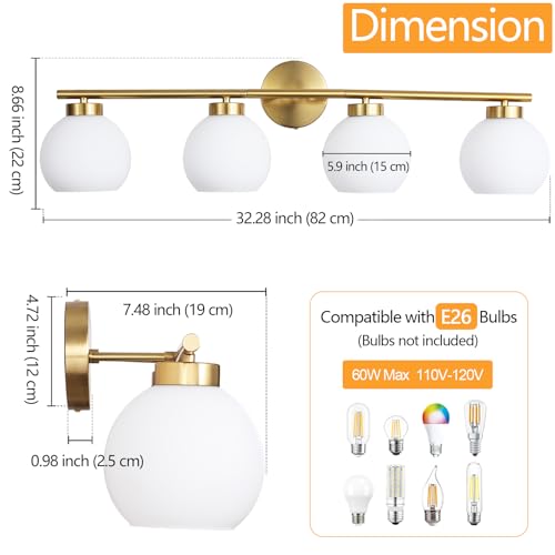 4 Light Bathroom Vanity Light, Gold Bathroom Light Fixtures Over Mirror, Mid Century Modern Wall Light with Frosted Globe Glass Shades, 32 inch Brass Vanity Lights, E26 Socket - color: Gold & Milky White Glass, size: 4-Light