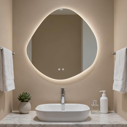 HOMECOOKIN LED Irregular Bathroom Mirror with Lights, 30 x 30 Inch Asymmetrical Backlit LED Vanity Mirror for Wall, Anti Fog Mirror for Bathroom, 3 Colors and Dimmable Light, Horizontal/Vertical - size: 30"L x 30"W