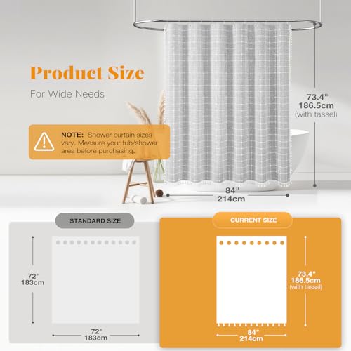 84x72 Boho Farmhouse Linen Heavy Duty Shower Curtain Set, Gray/Grey | Wide Size, 330GSM Linen Blend, 3-side Tassels, Water Repellent Fabric, 14 Plastic Hooks, Rustic Bohemian, Machine Washable - color: Grey, size: 84"W x 72"L (Pack of 1)