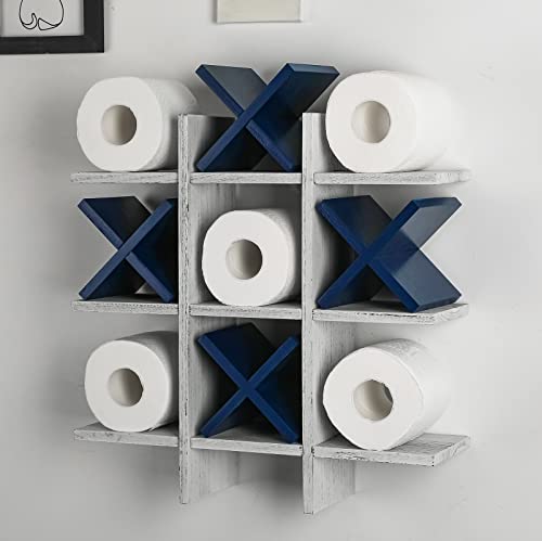Weysat Tic Tac Toe Toilet Paper Holder Stand Bathroom Wall Decor Rustic Wooden Hanging Storage Freestanding Wall Mounted Shelves Decor for Toilet Tissue Farmhouse - color: Retro White, Blue