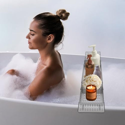 Bathtub Caddy Tray, Expandable Bath Shelf with Book and Wine Holder, Clear Gray Acrylic Bathtub Tray for Bathroom, 22.24-31.5 Inch Adjustable
