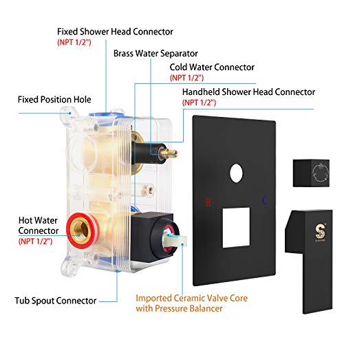 SR SUN RISE 16 Inch All Metal Square Shower System with Tub Spout, Tub Shower Faucet Set, High Pressure Rain Shower Head and Handheld Sprayer Shower Fixtues, Valve Included, Matte Black - color: Matte Black, size: 16 Inch