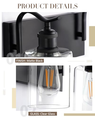 2-Light Black Bathroom Light Fixture Over Mirror, Modern Vanity Light, Clear Glass Wall Sconce, VL01BK-2 - color: Black & Clear Glass, size: 2 LIGHT