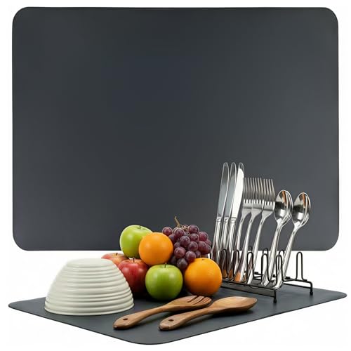 Dish Drying Mat 16 x 24 Inch, Super Absorbent & Quick Dry Kitchen Counter Mat, Hide Stain, Rubber Backed, Non-Slip Drying Pad for Dishes, Coffee Bar Accessories, Dark Gray