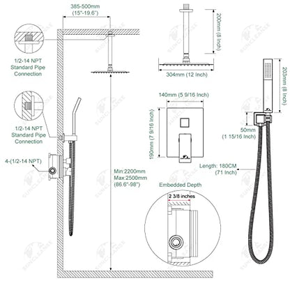 SunCleanse Rainfall Shower System with High Pressure in Brushed Gold | Ceiling mounted shower combo set featuring a 10" square rain head, handheld spray, and rough-in mixer valve with trim. - color: Brushed Gold, style: 10-ceiling