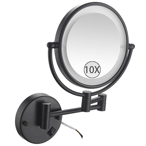 Wall Mounted Lighted Makeup Mirror, Hardwired 2-Sided Magnifying Vanity Mirror, Extended Arm 360 Rotation LED Cosmetic Mirror,Black,10X - color: Black, size: 10X