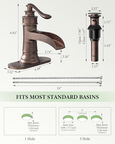 Bathroom Faucet Copper Waterfall Bathroom Sink Faucets Taps | with Single Handle Rustic Vanity Farmhouse RV Faucet Suitable for 1 or 3 Holes with Pop-up Drain Deck Plate Hose Homevacious - color: Copper