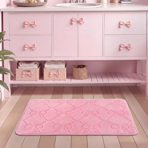 Tinideya Pink Bow Pink Memory Foam Bath Mat 24''x16'' Bow Bathroom Rug Cute Coquette Bathroom Decor Soft Absorbent Non Slip Aesthetic Bath Carpet for Bathtub Shower Floor Bedroom Living Room