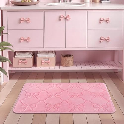 Tinideya Pink Bow Pink Memory Foam Bath Mat 24''x16'' Bow Bathroom Rug Cute Coquette Bathroom Decor Soft Absorbent Non Slip Aesthetic Bath Carpet for Bathtub Shower Floor Bedroom Living Room