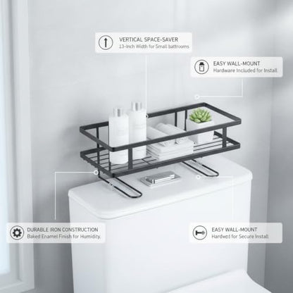 Over Toilet Storage Rack, Iron Bathroom Shelf with Baked Enamel Finish, Wall Mounted Vertical Organizer for Small Bathrooms, 13-Inch Width (1 PC) - color: Black
