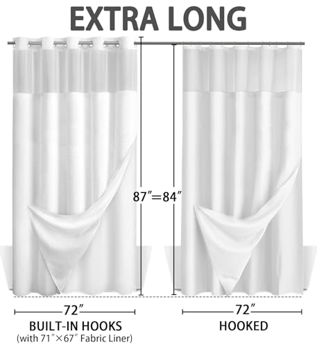 No Hook Shower Curtain with Liner Set Hotel Waffle Curtain White 72W X 87L | Washable Snap in Fabric Liner, Mesh Top Window, Waffle Hotel Style Shower Curtain Set - color: White, size: Extra Long 72"W x 87"L