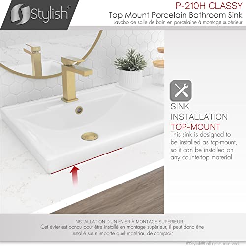 Stylish Drop in Bathroom Sink 20 1/4 x 16 Inch Porcelain Rectangular Bathroom Sinks Shiny Finish Smooth and Stain Resistant Surface with Chrome and Matte Black Overflow, P-210H - style: Modern