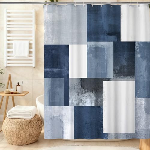 Navy Blue Black Shower Curtain, Modern Geometry Plaid Check Shower Curtains for Bathroom, Ombre Abstract Waterproof Polyester Fabric Shower Curtain Set with Hooks, Standard Size 72 x 72 inches - color: Blue Black