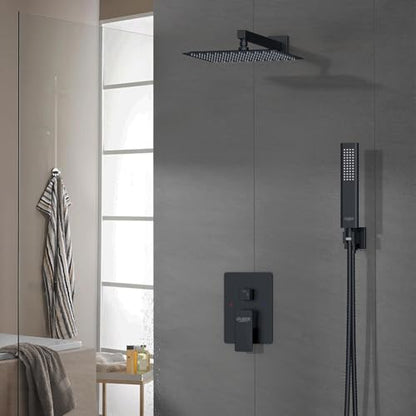 Iriber Shower Set with 12 Inch High Pressure Rain Shower Head and Handheld and Shower Faucet Mixer Valve Modern Shower System Including Pressure Balance Valve Shower Trim Kit for Bathroom,Matte Black - color: Matte Black 05