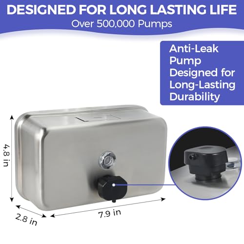 Stardrix Heavy Duty Stainless Steel Wall Mount Soap Dispenser, 1100ml/37oz, with Corrosion Proof Lining and Anti-Leak Pump for Commercial & Home Bathroom Kitchen (Horizontal) - size: Horizontal